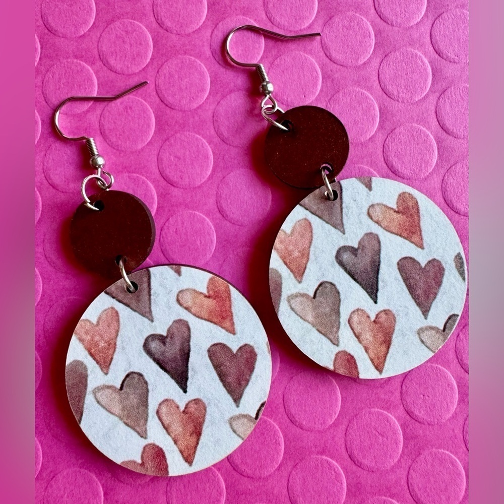 New Pink & Mocha Brown Hearts Wooden Circle Dangle Earrings - 3â